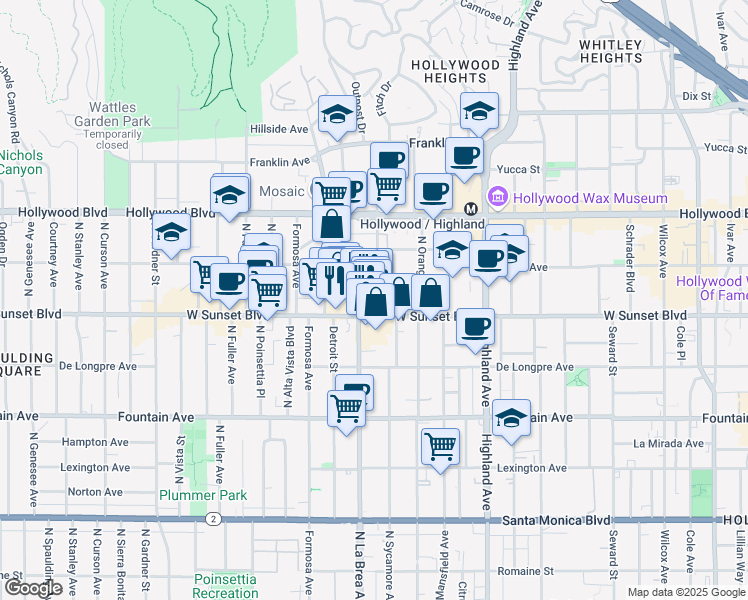 map of restaurants, bars, coffee shops, grocery stores, and more near 7079 West Sunset Boulevard in Los Angeles