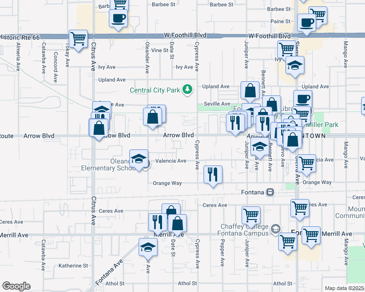 map of restaurants, bars, coffee shops, grocery stores, and more near 16425 Arrow Boulevard in Fontana
