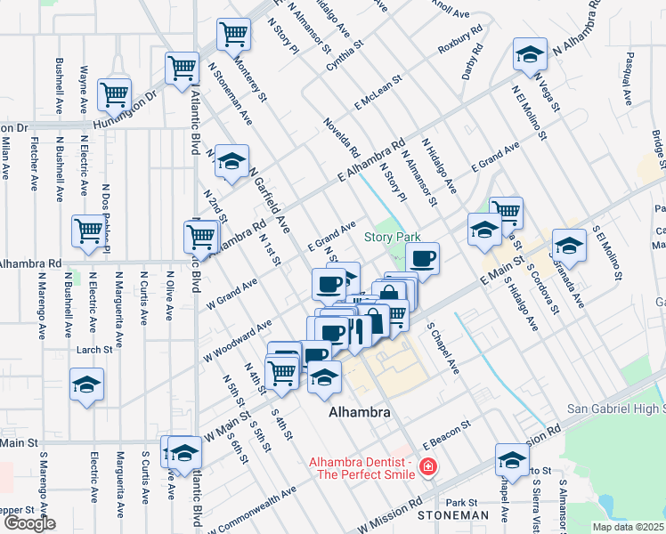 map of restaurants, bars, coffee shops, grocery stores, and more near 315 North Stoneman Avenue in Alhambra