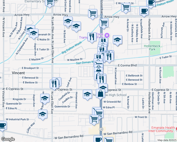map of restaurants, bars, coffee shops, grocery stores, and more near 1045 North Azusa Avenue in Covina