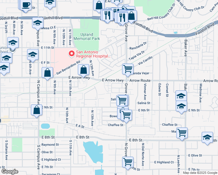 map of restaurants, bars, coffee shops, grocery stores, and more near 450 Meyer Place in Upland