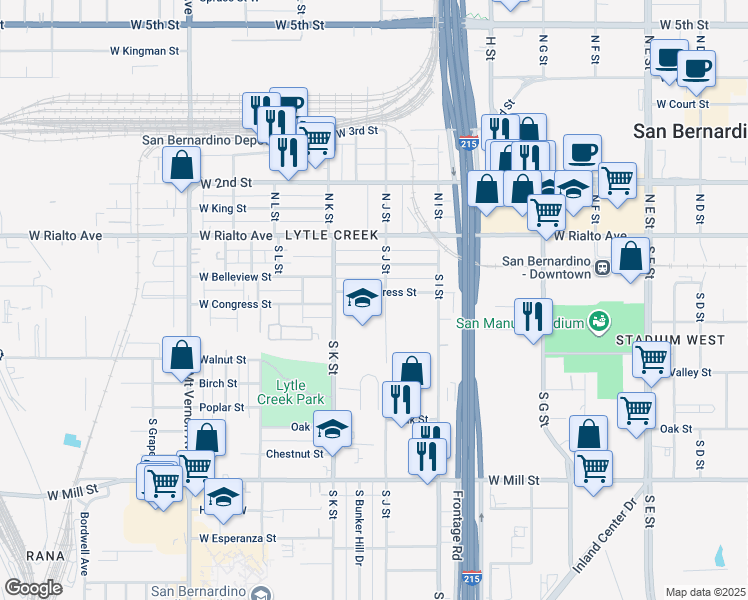 map of restaurants, bars, coffee shops, grocery stores, and more near 1023 West Congress Street in San Bernardino