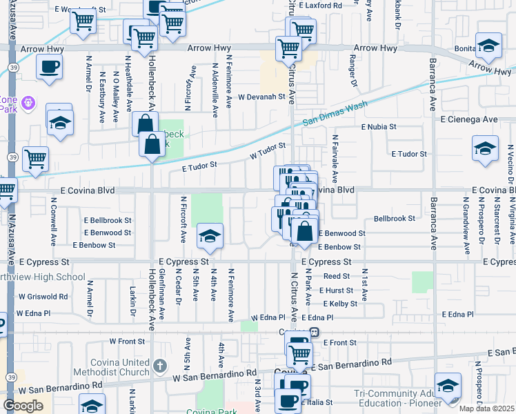map of restaurants, bars, coffee shops, grocery stores, and more near 4726 North Edenfield Avenue in Covina