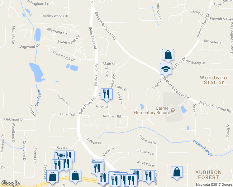 map of restaurants, bars, coffee shops, grocery stores, and more near 228 Derby Court in Acworth