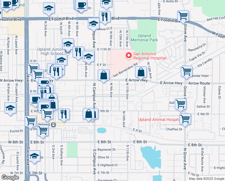 map of restaurants, bars, coffee shops, grocery stores, and more near 396 North 9th Avenue in Upland