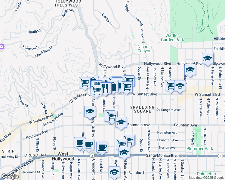 map of restaurants, bars, coffee shops, grocery stores, and more near 1515 North Hayworth Avenue in Los Angeles