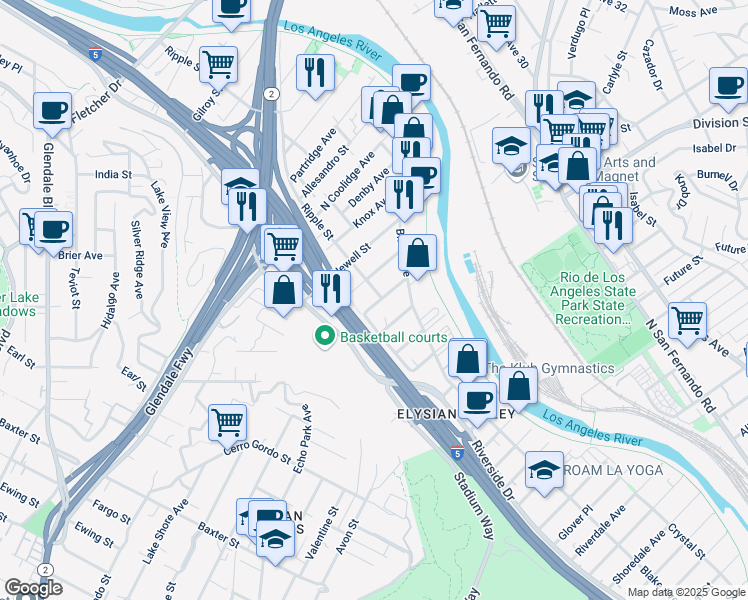 map of restaurants, bars, coffee shops, grocery stores, and more near 2663 Queen Street in Los Angeles