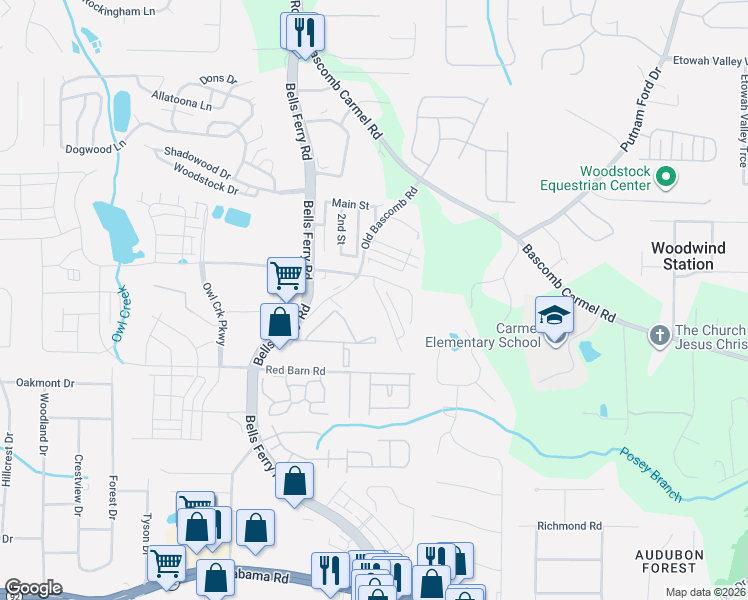 map of restaurants, bars, coffee shops, grocery stores, and more near 228 Derby Court in Acworth