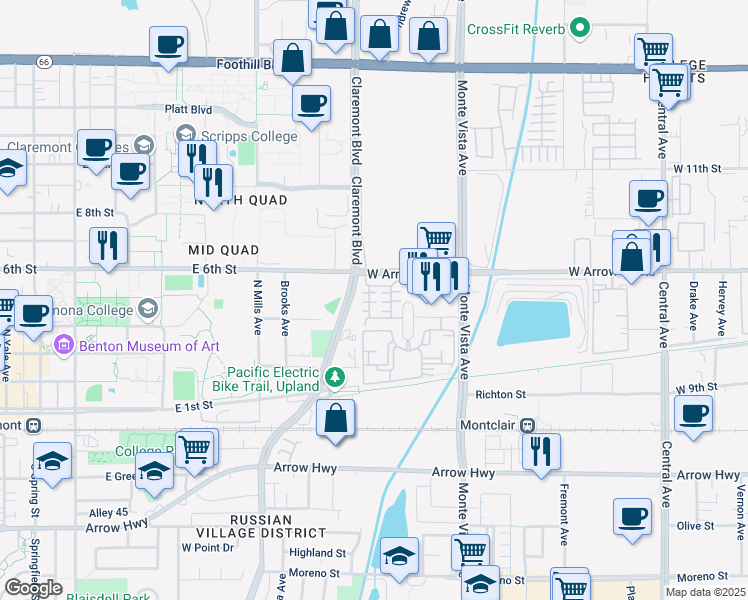 map of restaurants, bars, coffee shops, grocery stores, and more near 354 Golden Bear Lane in Upland