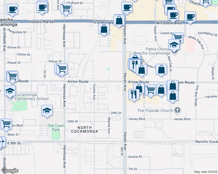 map of restaurants, bars, coffee shops, grocery stores, and more near 8541 Oak Barrel Place in Rancho Cucamonga