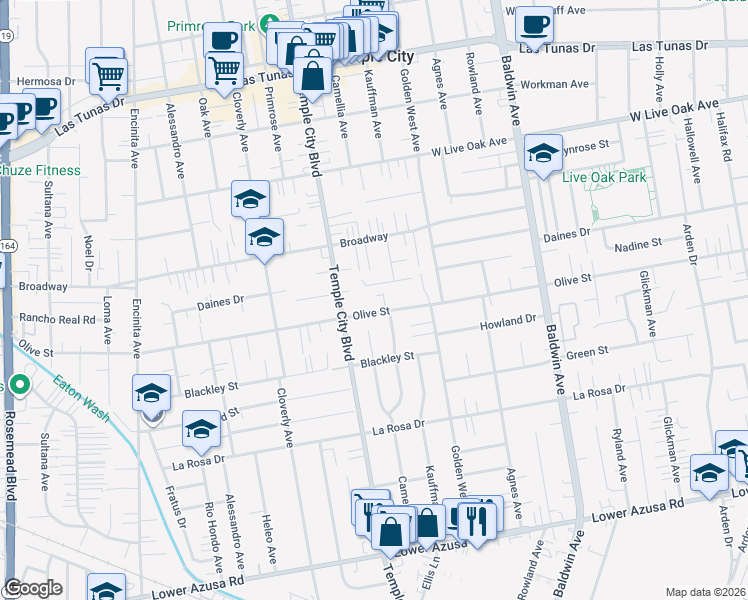map of restaurants, bars, coffee shops, grocery stores, and more near 2 Temple City Boulevard in Rosemead