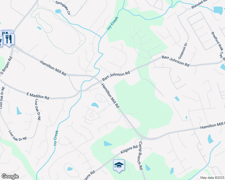map of restaurants, bars, coffee shops, grocery stores, and more near 3735 Hamilton Mill Road in Buford
