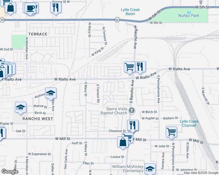 map of restaurants, bars, coffee shops, grocery stores, and more near 2151 West Rialto Avenue in San Bernardino