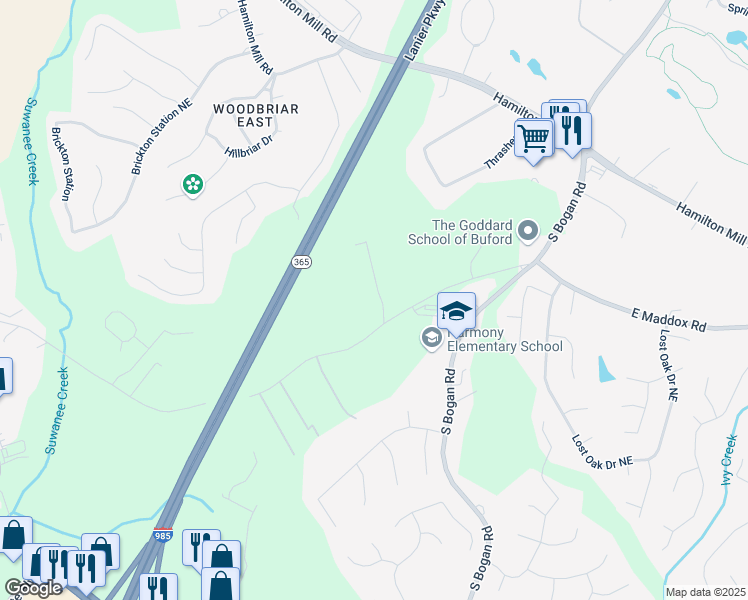 map of restaurants, bars, coffee shops, grocery stores, and more near 2346 East Maddox Road in Buford