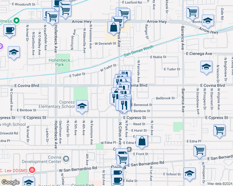 map of restaurants, bars, coffee shops, grocery stores, and more near 1051 North Citrus Avenue in Covina