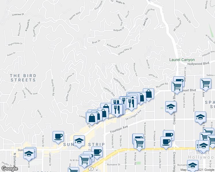 map of restaurants, bars, coffee shops, grocery stores, and more near 8566 Hollywood Boulevard in Los Angeles