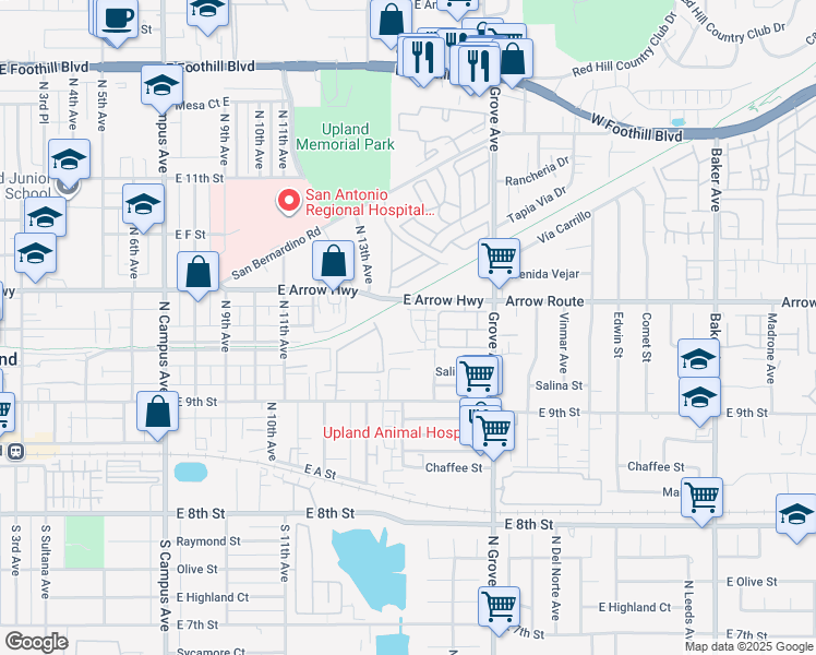 map of restaurants, bars, coffee shops, grocery stores, and more near 425 Verna Street in Upland