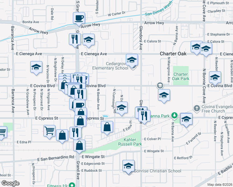 map of restaurants, bars, coffee shops, grocery stores, and more near 1011 North Damato Drive in Covina