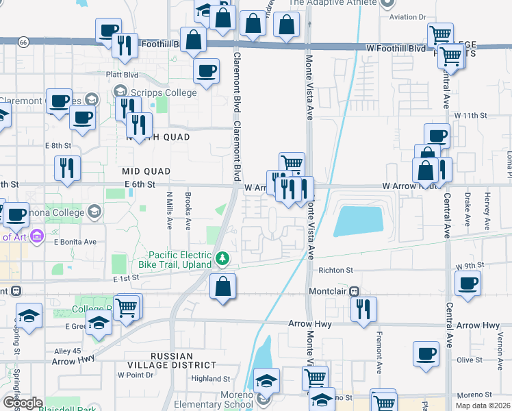map of restaurants, bars, coffee shops, grocery stores, and more near 306 Golden Bear Lane in Upland