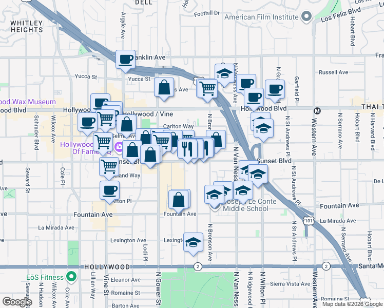 map of restaurants, bars, coffee shops, grocery stores, and more near 5946 Sunset Boulevard in Los Angeles