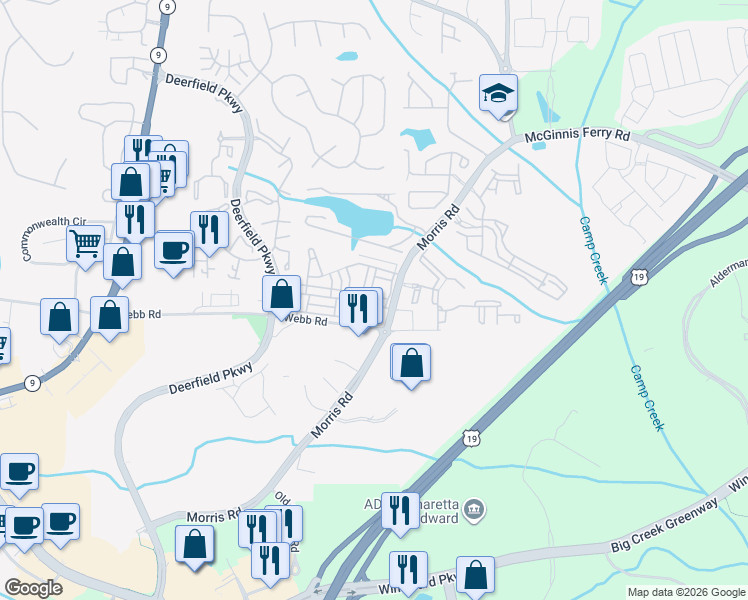 map of restaurants, bars, coffee shops, grocery stores, and more near 655 Greencrest Lane in Alpharetta