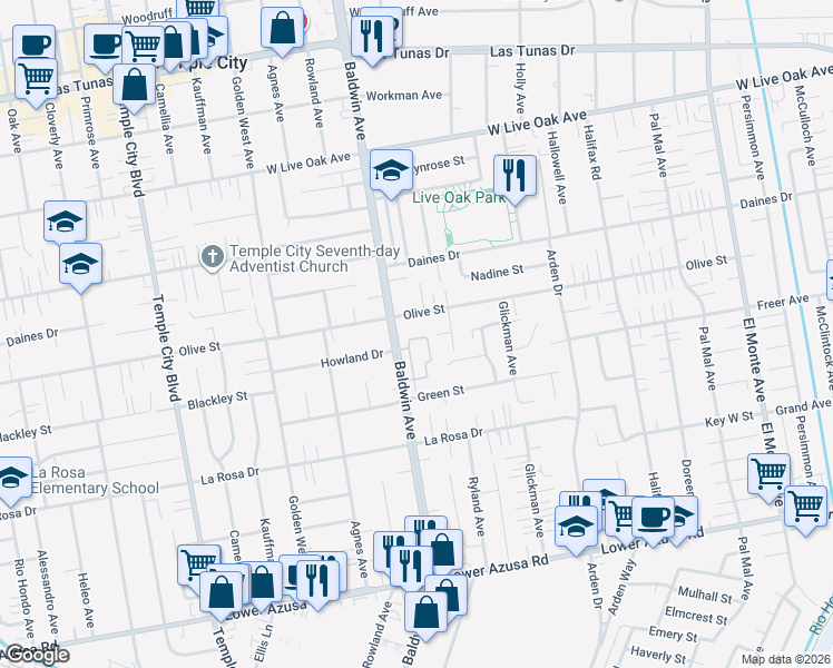 map of restaurants, bars, coffee shops, grocery stores, and more near 5317 Village Circle Drive in Temple City