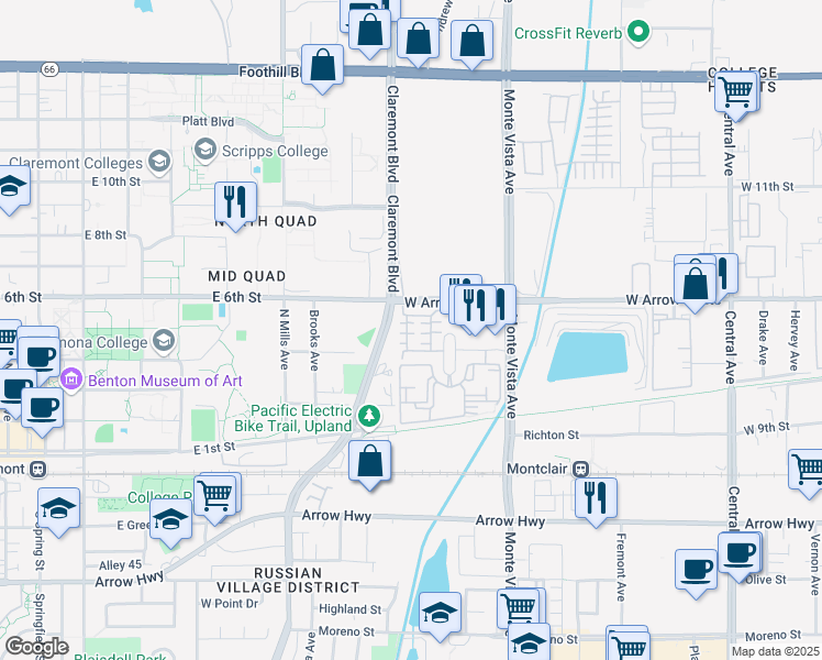 map of restaurants, bars, coffee shops, grocery stores, and more near 354 Golden Bear Lane in Upland
