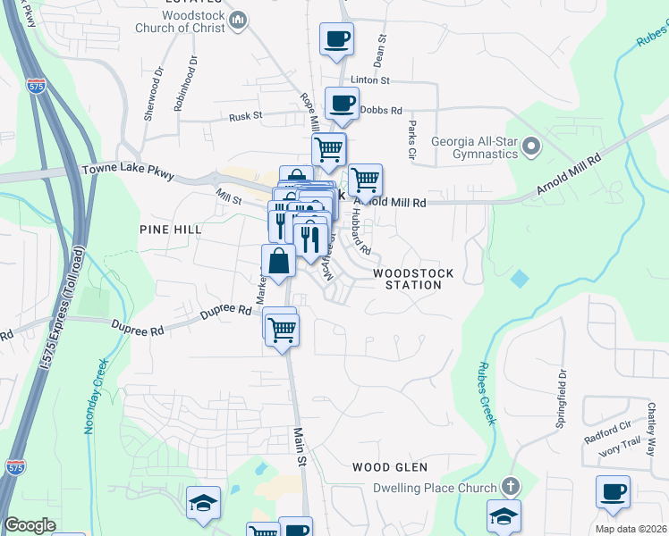 map of restaurants, bars, coffee shops, grocery stores, and more near 201 Hubbard Road in Woodstock