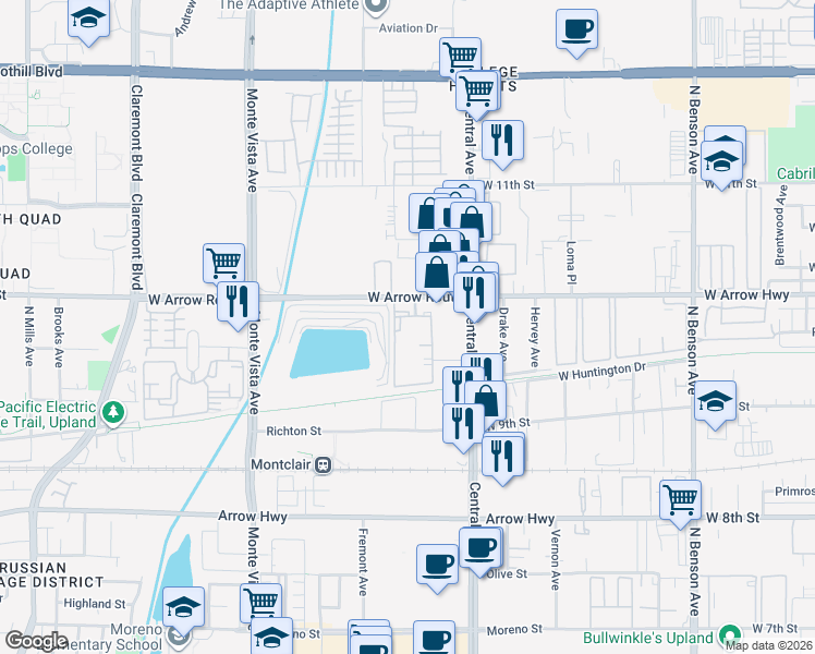 map of restaurants, bars, coffee shops, grocery stores, and more near 2118 West Arrow Route in Upland