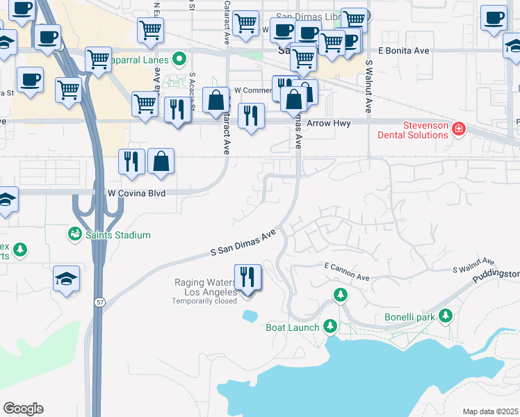 map of restaurants, bars, coffee shops, grocery stores, and more near 354 West Vía Vaquero in San Dimas