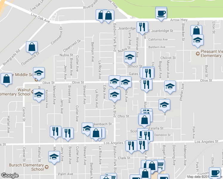 map of restaurants, bars, coffee shops, grocery stores, and more near 4733 Baldwin Park Boulevard in Baldwin Park