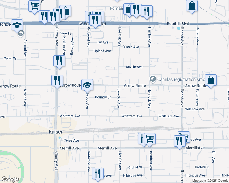 map of restaurants, bars, coffee shops, grocery stores, and more near 14916 Valencia Avenue in Fontana