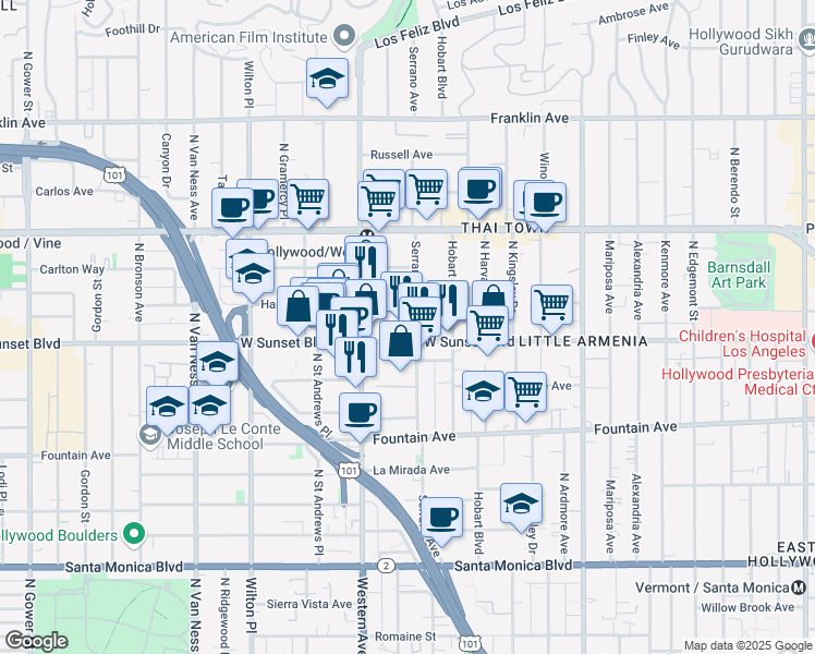 map of restaurants, bars, coffee shops, grocery stores, and more near 5408 Sunset Boulevard in Los Angeles