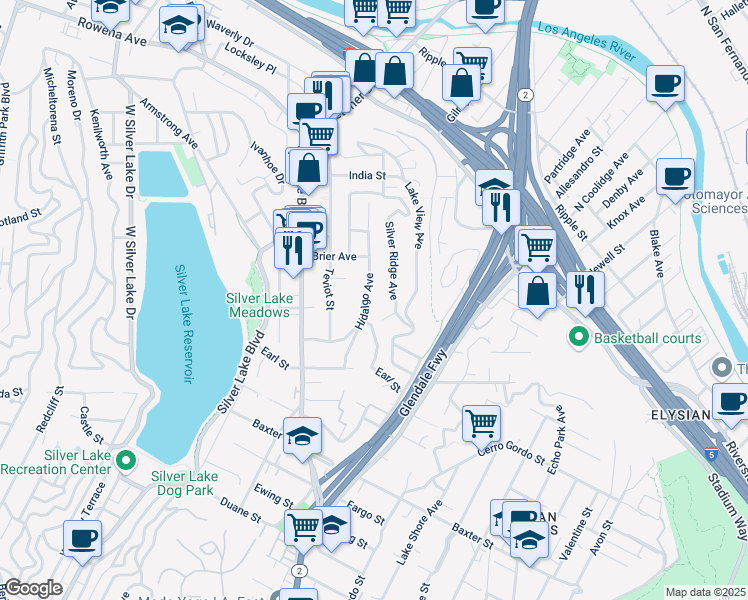map of restaurants, bars, coffee shops, grocery stores, and more near 2326 Hidalgo Avenue in Los Angeles