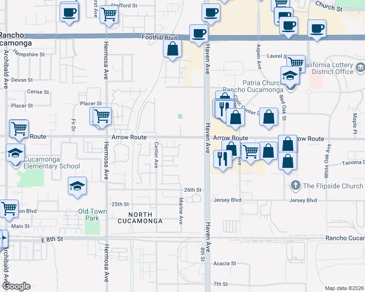 map of restaurants, bars, coffee shops, grocery stores, and more near 8541 Oak Drive in Rancho Cucamonga