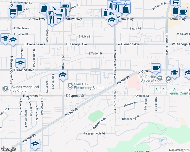 map of restaurants, bars, coffee shops, grocery stores, and more near 1630 West Covina Boulevard in San Dimas