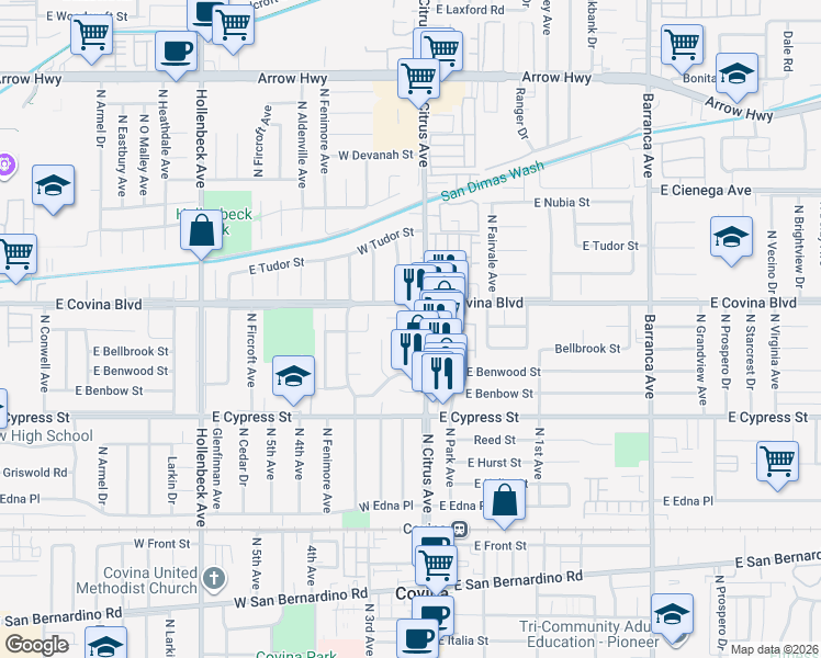 map of restaurants, bars, coffee shops, grocery stores, and more near 1051 North Citrus Avenue in Covina