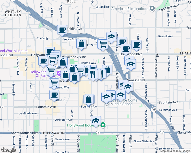 map of restaurants, bars, coffee shops, grocery stores, and more near 1522 Gordon Street in Los Angeles
