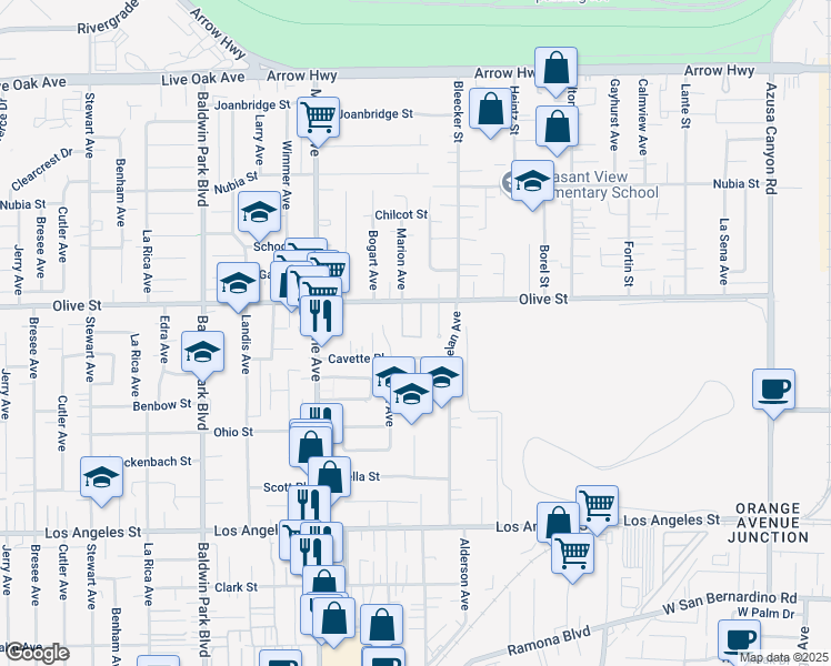 map of restaurants, bars, coffee shops, grocery stores, and more near 14621 Cavette Place in Baldwin Park