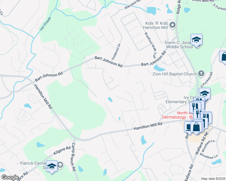map of restaurants, bars, coffee shops, grocery stores, and more near 3587 Bendleton Drive in Buford