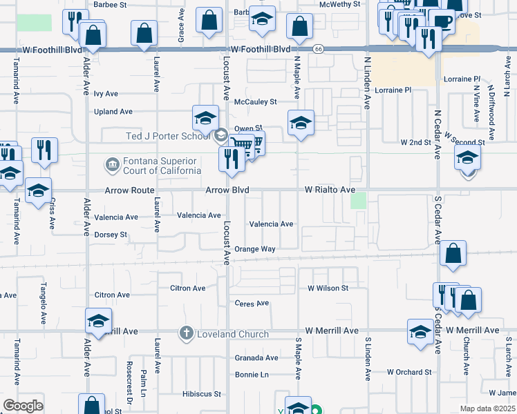 map of restaurants, bars, coffee shops, grocery stores, and more near 8548 Williams Road in Fontana