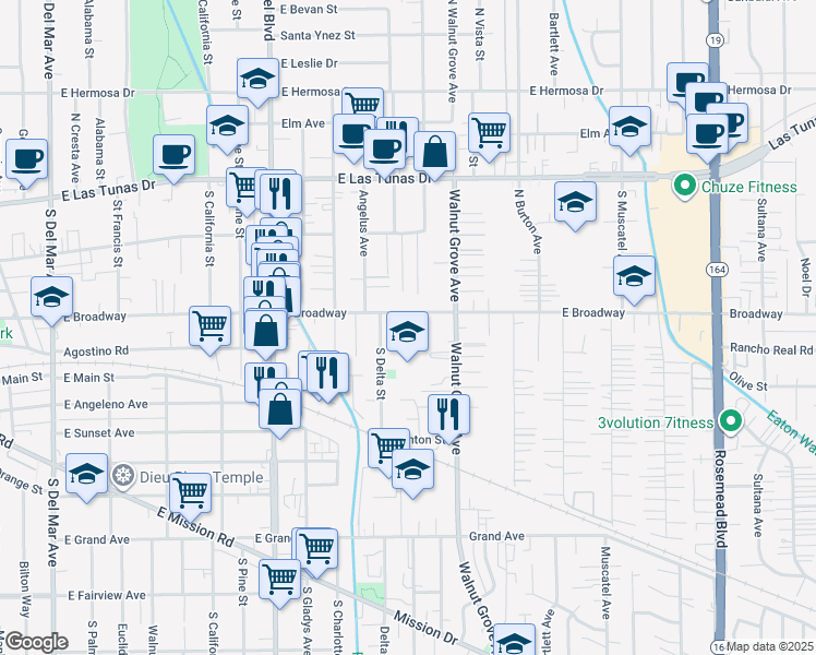 map of restaurants, bars, coffee shops, grocery stores, and more near 357 South Del Loma Avenue in San Gabriel