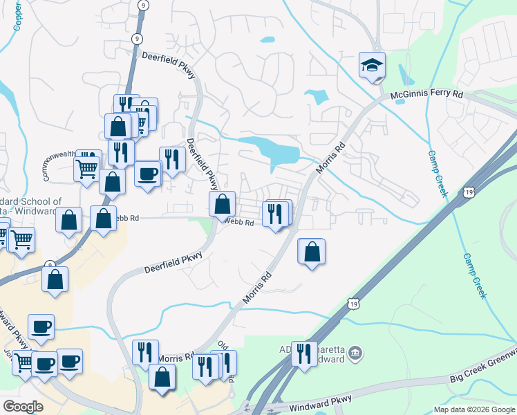 map of restaurants, bars, coffee shops, grocery stores, and more near 3396 Twinrose Place in Alpharetta