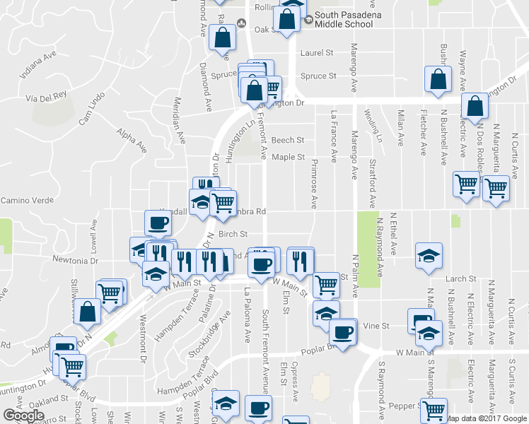 map of restaurants, bars, coffee shops, grocery stores, and more near Fremont Ave & W Alhambra Rd in Alhambra