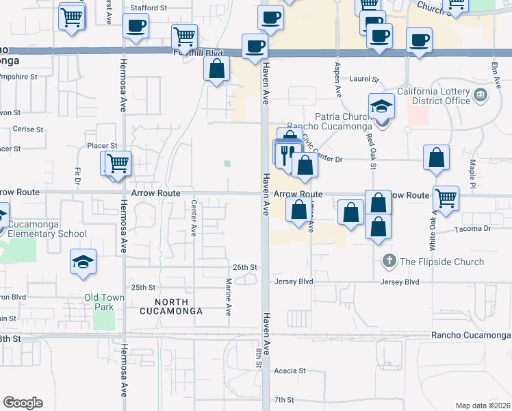 map of restaurants, bars, coffee shops, grocery stores, and more near 8500-8654 Haven Ave in Rancho Cucamonga