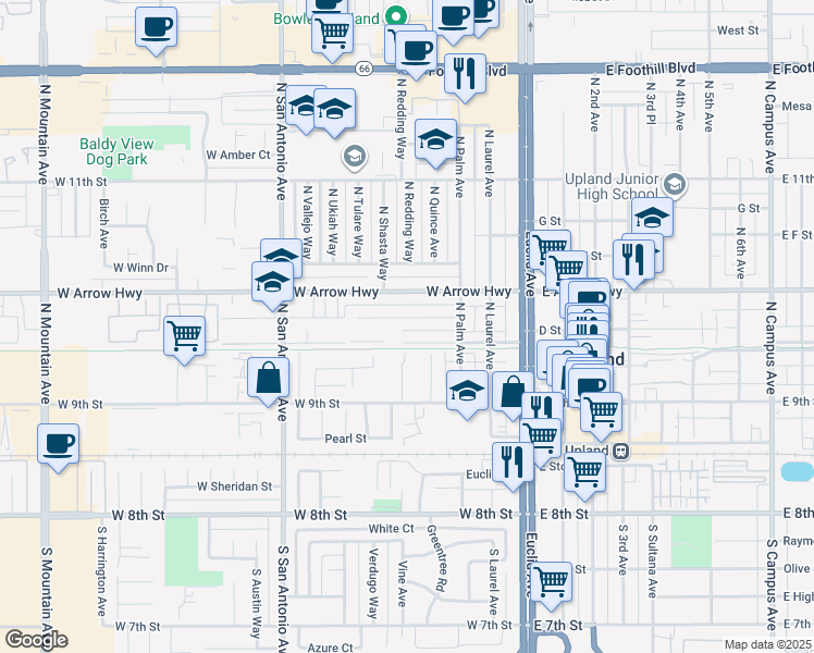 map of restaurants, bars, coffee shops, grocery stores, and more near 343 West Vernon Drive in Upland