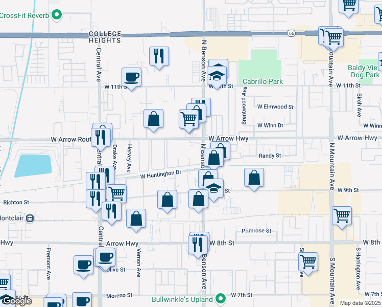map of restaurants, bars, coffee shops, grocery stores, and more near 1682 West Arrow Route in Upland