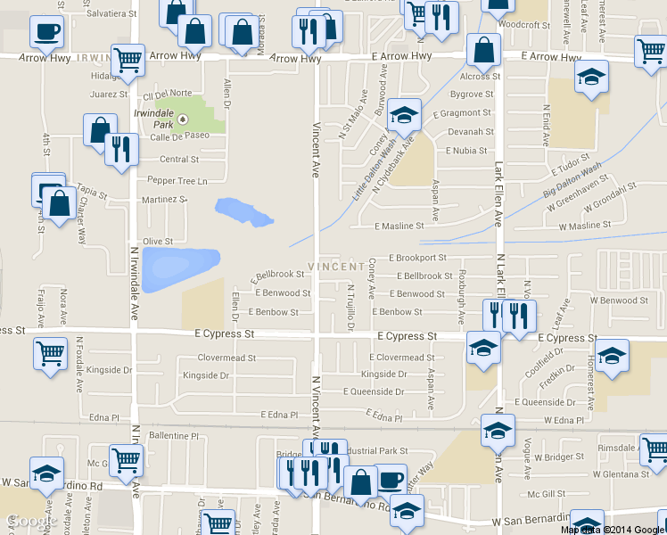 map of restaurants, bars, coffee shops, grocery stores, and more near 16538 East Bellbrook Street in Covina