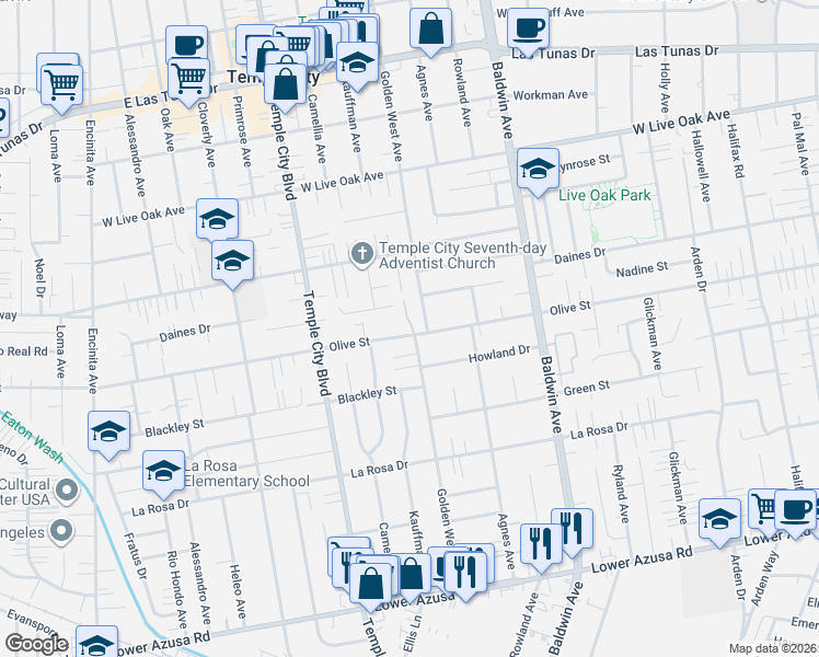 map of restaurants, bars, coffee shops, grocery stores, and more near 9716 Olive Street in Temple City