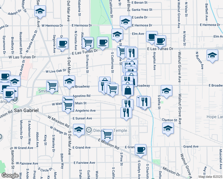 map of restaurants, bars, coffee shops, grocery stores, and more near 333 South California Street in San Gabriel